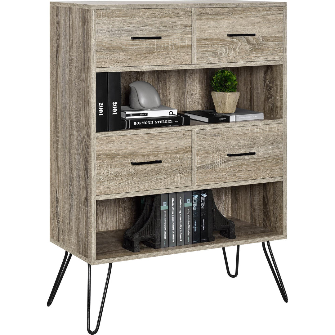 Elegant bookshelf with wooden and fabric storage by Landon -  Distressed Gray Oak
