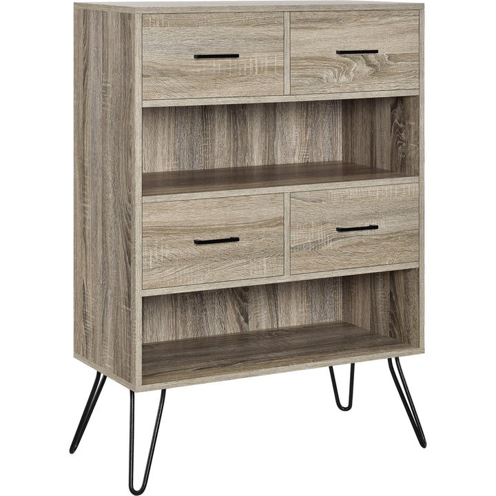 Landon Retro Bookcase with 4 Fabric Bins with Wood Grain Fronts  -  Distressed Gray Oak