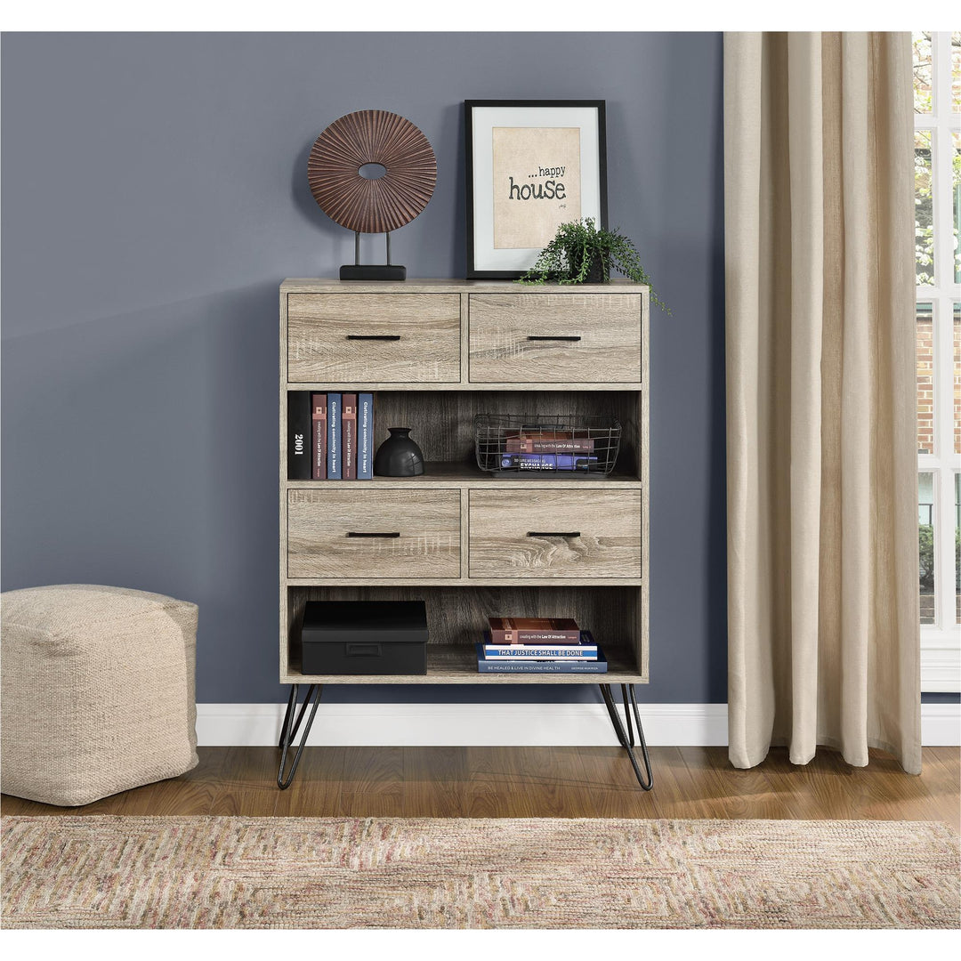 Bookshelf with four bins and wood grain design -  Distressed Gray Oak