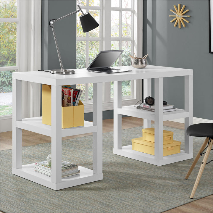 Double Pedestal Desk with Shelves -  White