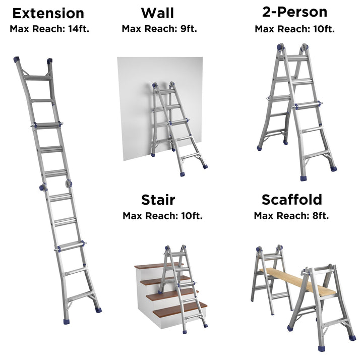 Multiple Heights and Positions 14 ft Ladder -  Silver