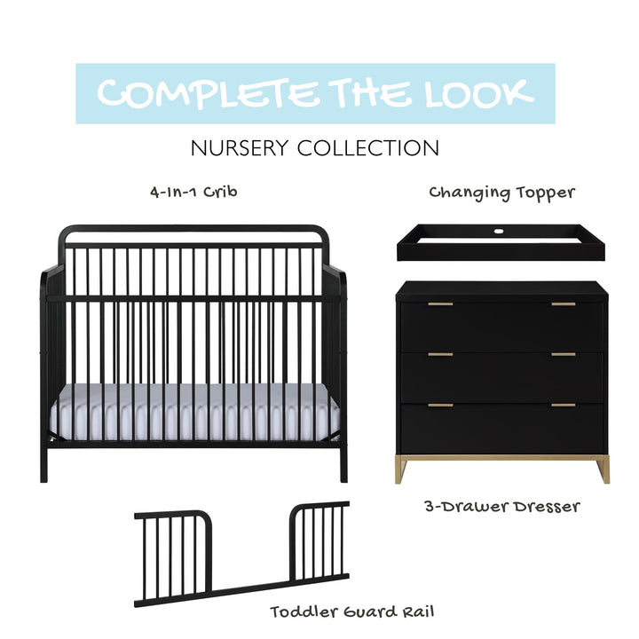 Juniper 3-Drawer Dresser with Wood and Champagne Gold Knobs - Black