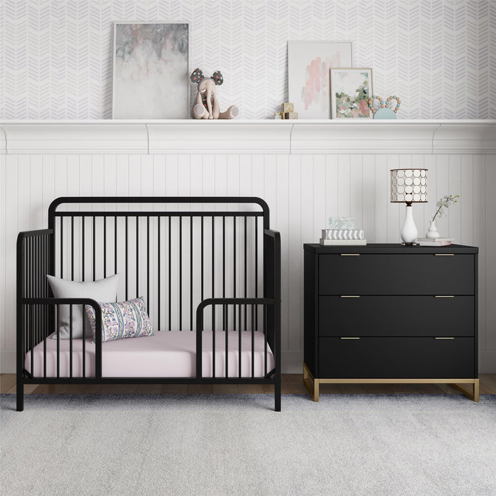 Juniper 3-Drawer Dresser with Wood and Champagne Gold Knobs - Black