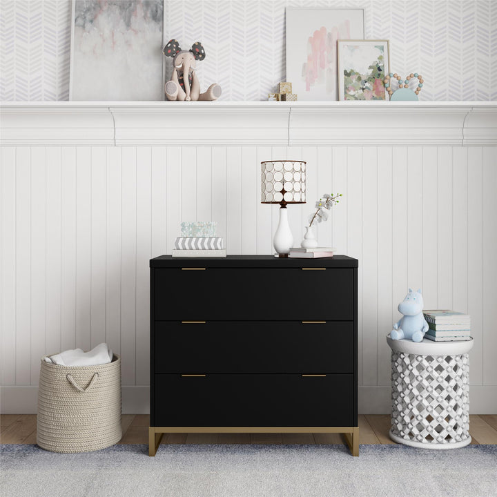 Juniper 3-Drawer Dresser with Wood and Champagne Gold Knobs - Black