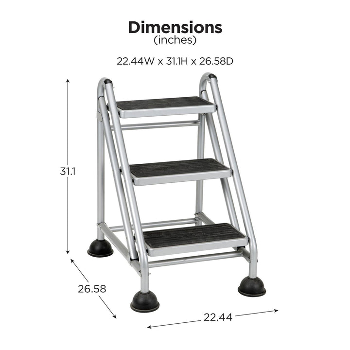 3 Step Rolling Ladder with Suction Cup Stabilizers -  Grey/Grey/Blue