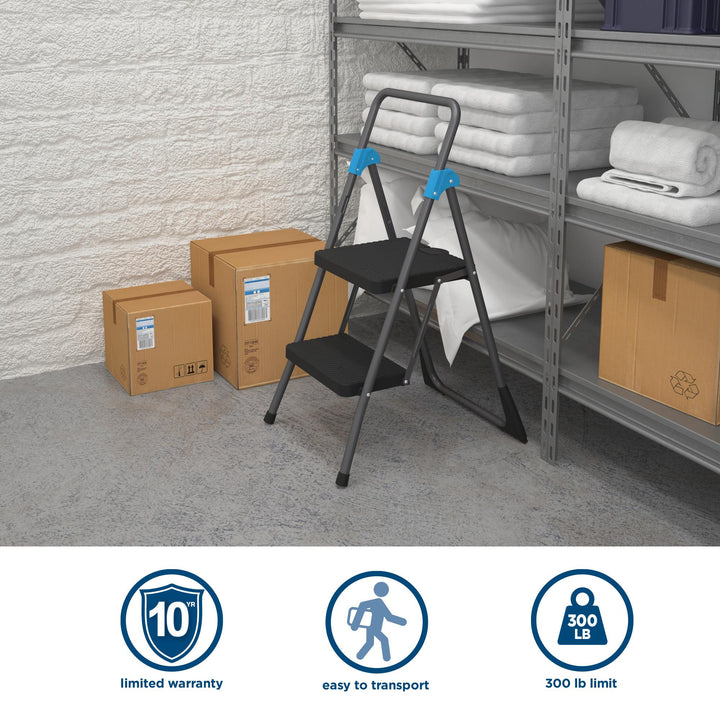 2-Step Metal Frame Folding Step Stool -  Grey/Grey/Blue