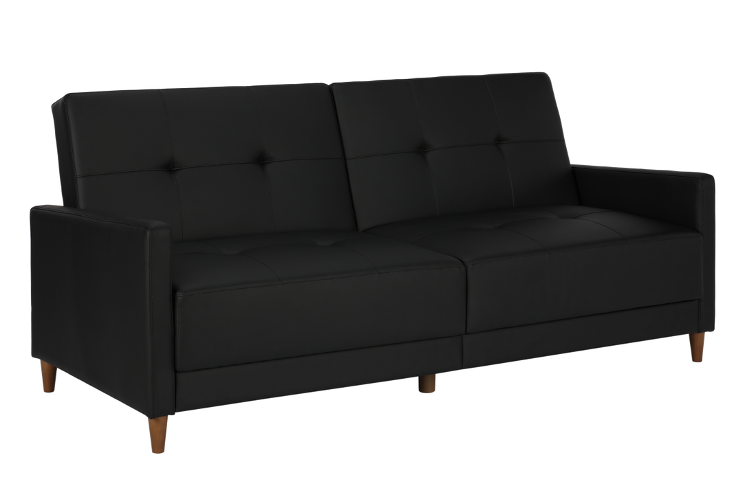 Tufted Futon with Upholstered Coils -  Black Faux Leather