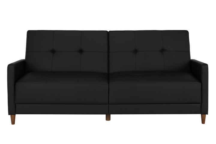 Tufted Futon with Upholstered Coils -  Black Faux Leather