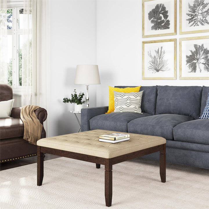 Charlie Square Ottoman with Wood Frame and Upholstered Cushion Top - Beige