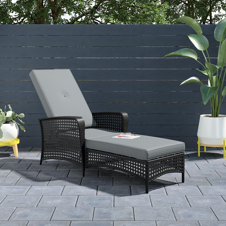 Wicker Adjustable Chaise Lounge Chair with Armrests and Cushions - Black