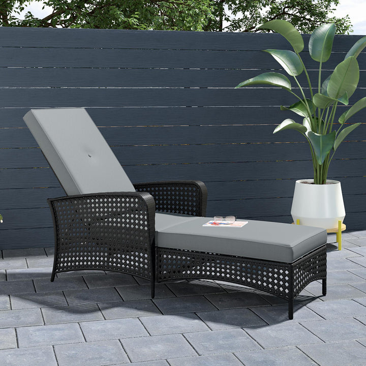 Wicker Adjustable Chaise Lounge Chair with Armrests and Cushions - Black