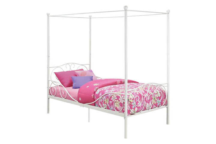 Canopy Metal Bed Frame with Intricate Design -  White  -  Twin