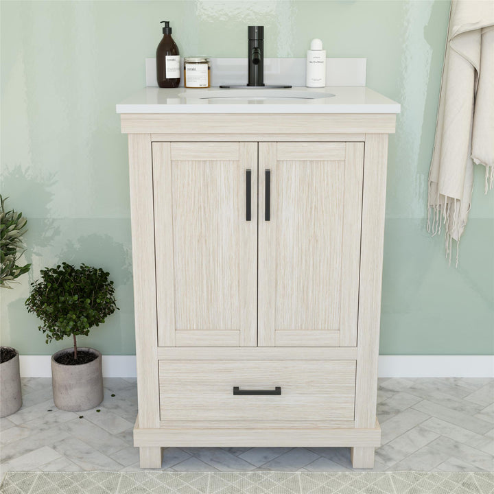 Sunnybrooke Solid Wood 30 Inch Bathroom Vanity with Pre-Installed Oval Porcelain Sink - Rustic White - 24"