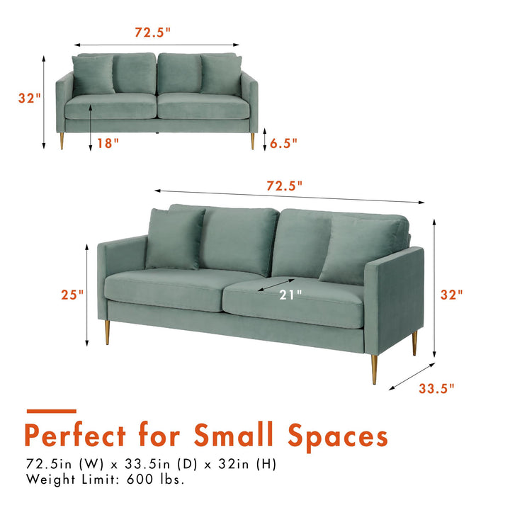 Highland 72 Inch Velvet Sofa with Matching Pillows - Seafoam Green