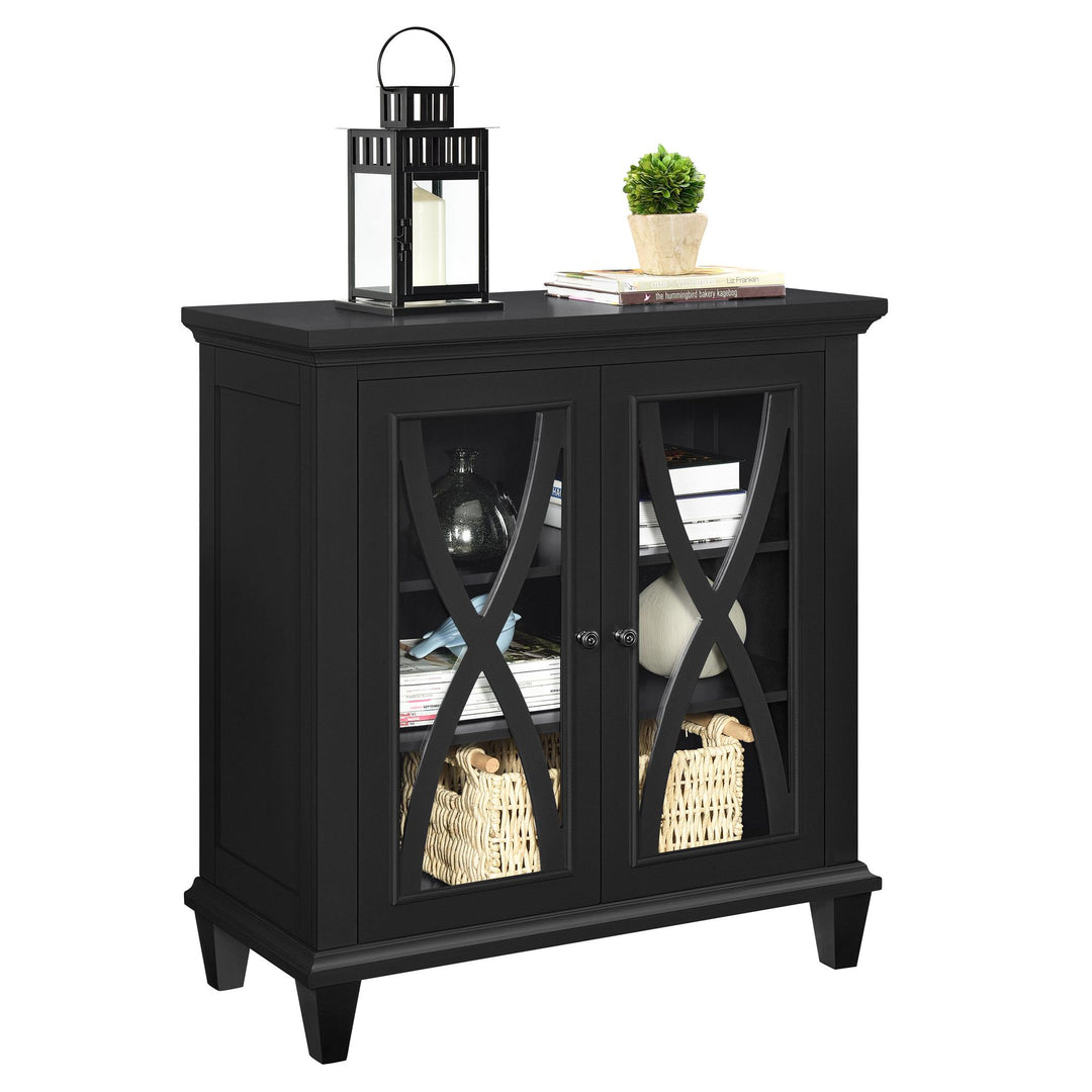 Glass Double Door Accent Cabinet with Storage Shelves -  Black