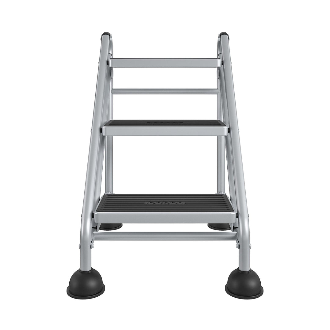 2 Step Commercial Rolling Step Ladder with Suction Cup Stabalizers  -  Grey/Grey/Blue