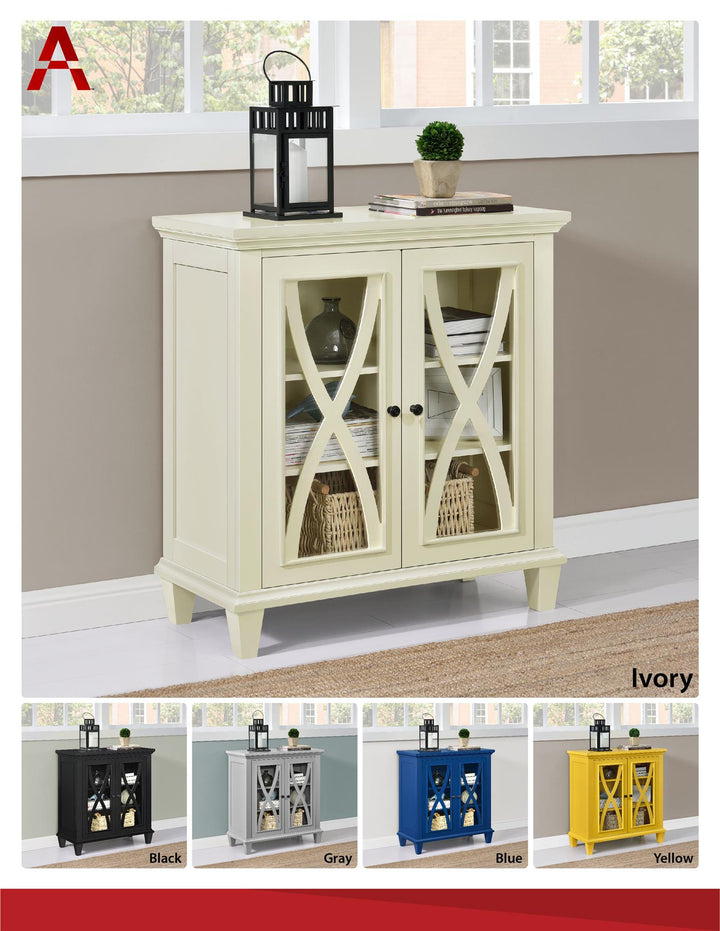 Glass Double Door Accent Cabinet for Living Room -  Ivory