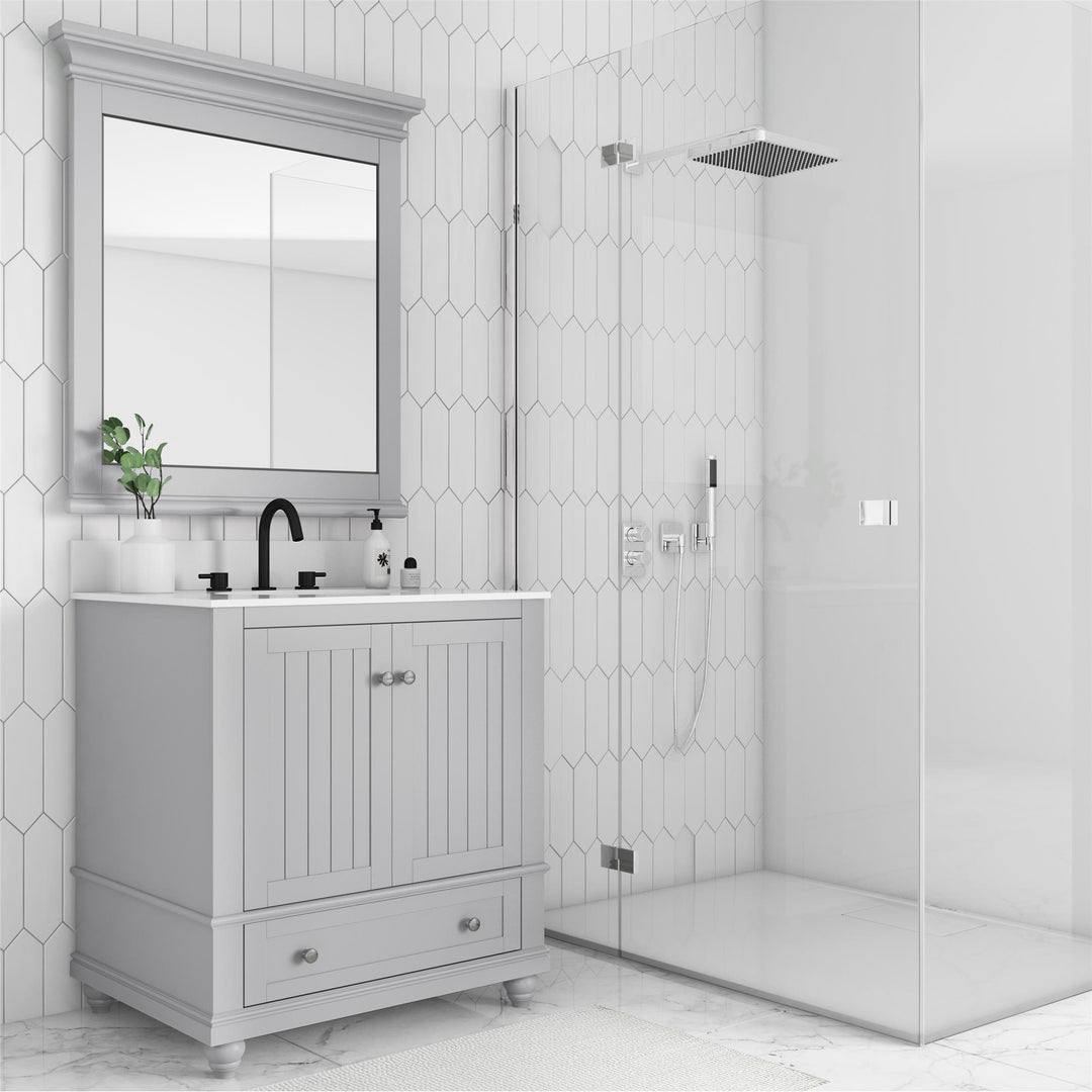 Monteray Beach 24 Inch Bathroom Mirror with Decorative Crown Molding  -  Gray - 30"