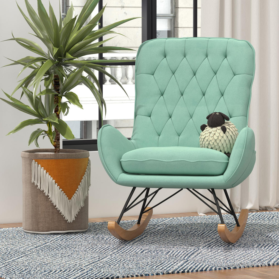 Noah Rocking Chair with Side Storage Pockets and a Diamond Tufted Backrest - Teal