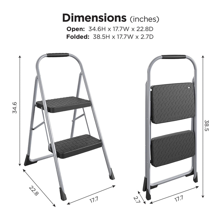 2 Step Steel Folding Step Stool with Slip-Resistant Treads - Platinum/Black - 1-Pack