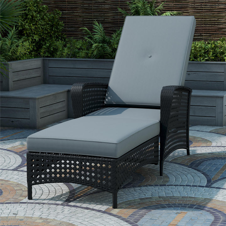 Wicker Adjustable Chaise Lounge Chair with Armrests and Cushions - Black