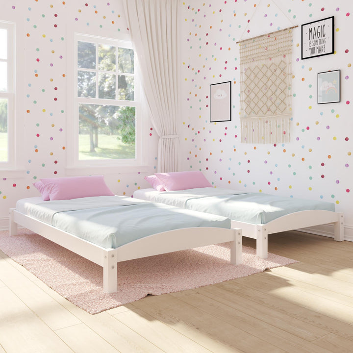 twin beds with wooden slats - White