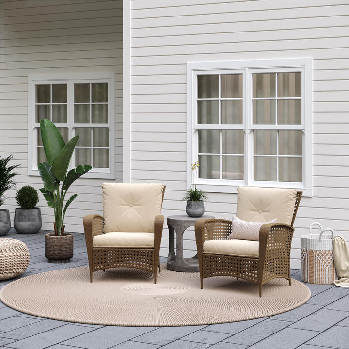 Wicker Lounge Chair with Armrests and Cushions, Set of 2 - Tan