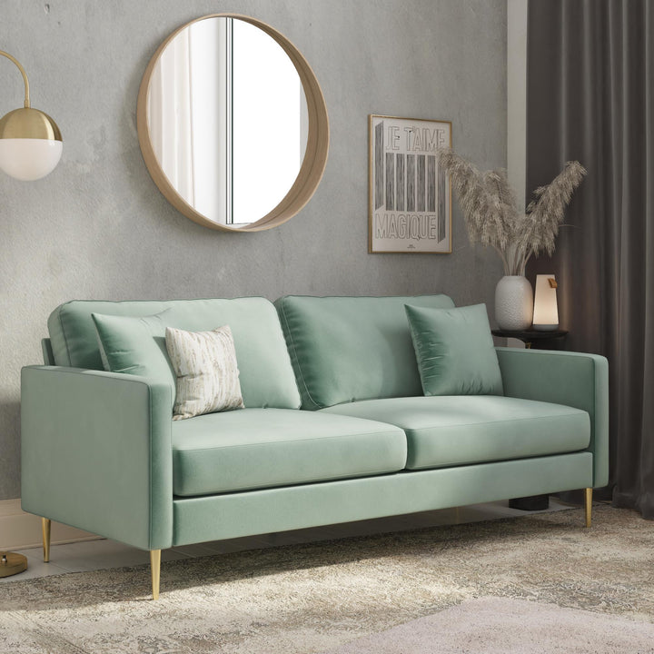 Highland 72 Inch Velvet Sofa with Matching Pillows - Seafoam Green