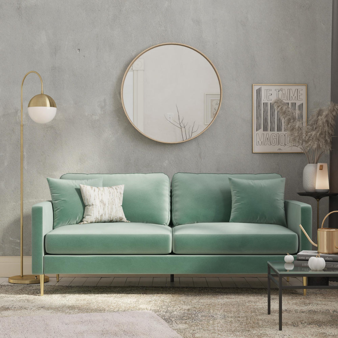 Highland 72 Inch Velvet Sofa with Matching Pillows - Seafoam Green