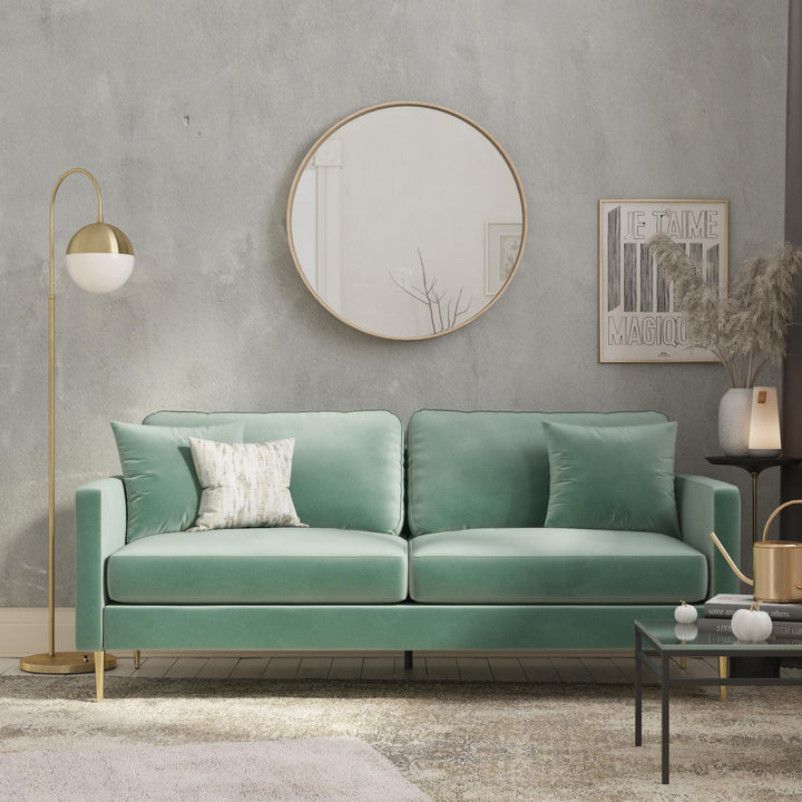 Highland 72 Inch Velvet Sofa with Matching Pillows - Seafoam Green