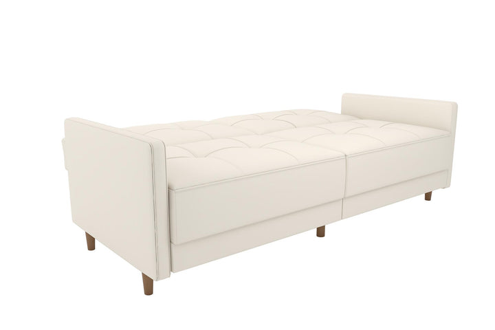 Upholstered Coil Futon with Wooden Legs -  White Faux leather