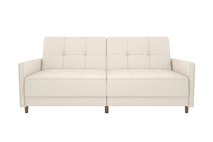 Andora Tufted Upholstered Coil Futon with Wooden Legs  -  White Faux leather
