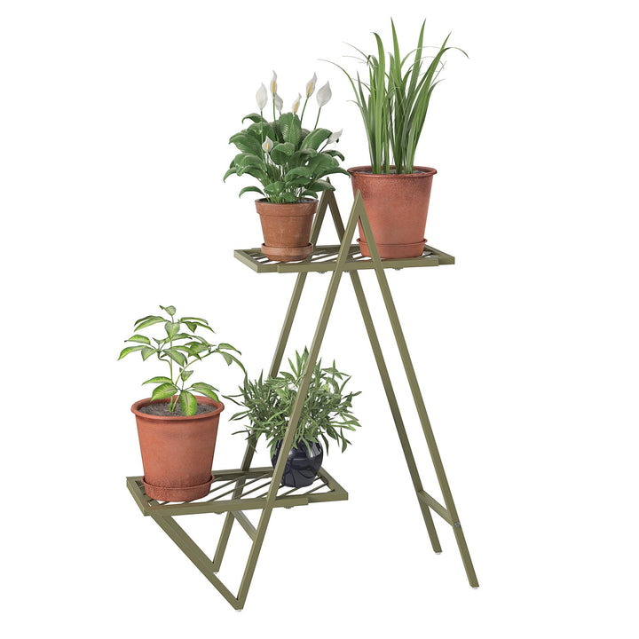 plant stand with 2 metal shelves - Olive Green