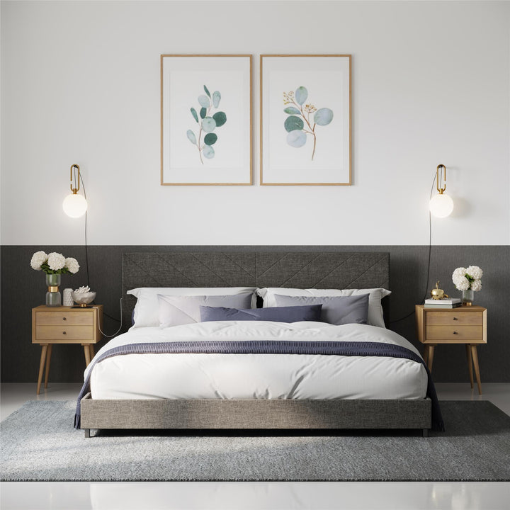 Paxson Upholstered Bed with USB Port and Wood Slats - Gray - King