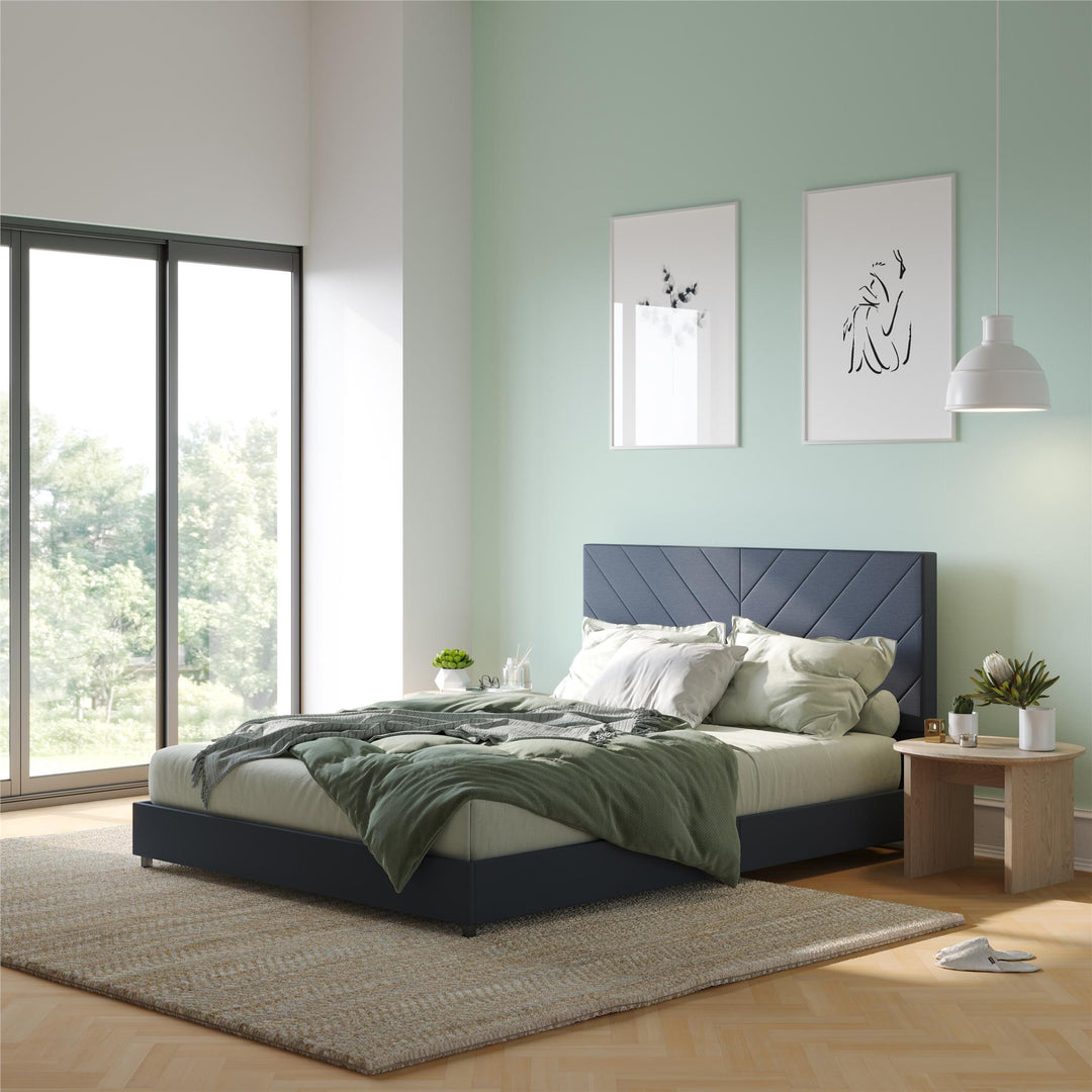 Paxson Upholstered Bed with USB Port and Wood Slats - Navy - Queen
