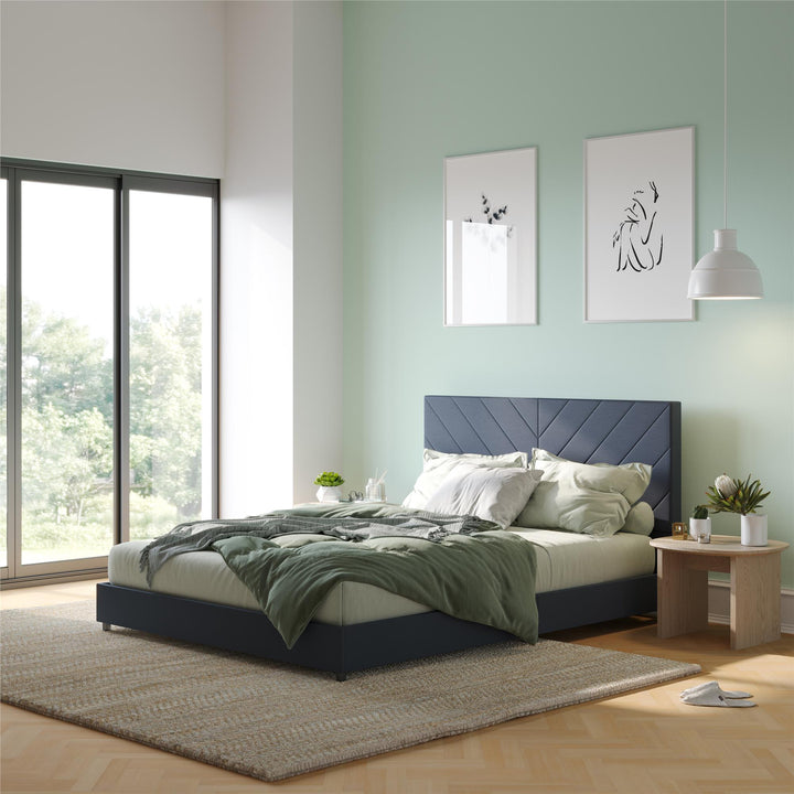 Paxson Upholstered Bed with USB Port and Wood Slats - Navy - Queen