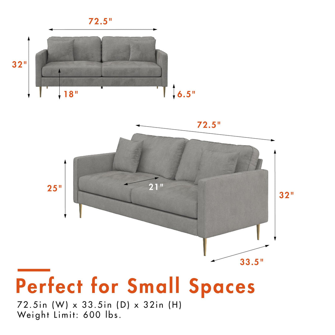 Highland 72 Inch Velvet Sofa with Matching Pillows - Gray
