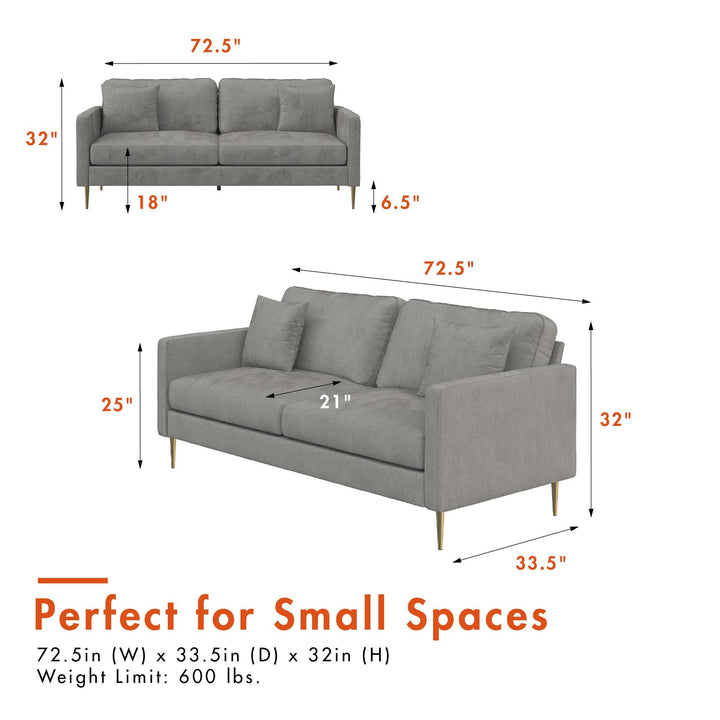 Highland 72 Inch Velvet Sofa with Matching Pillows - Gray