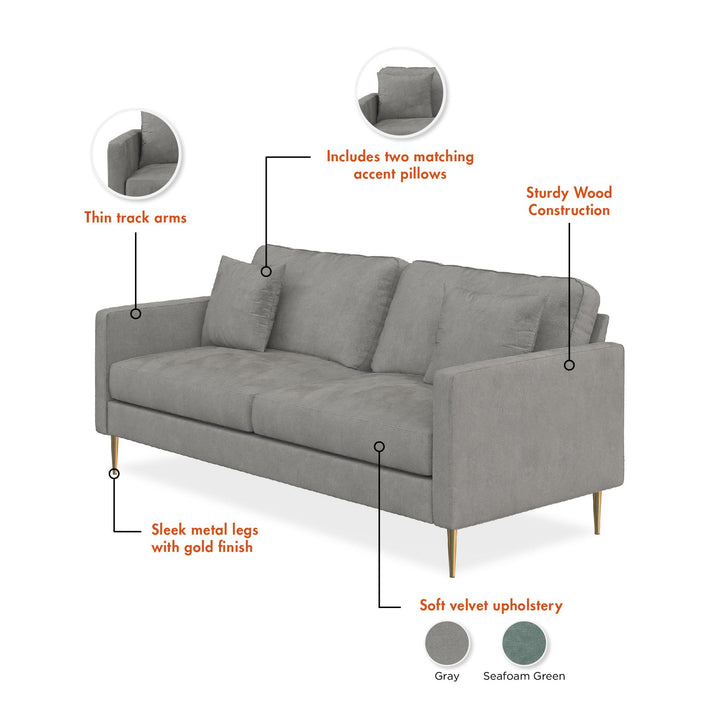 Highland 72 Inch Velvet Sofa with Matching Pillows - Gray