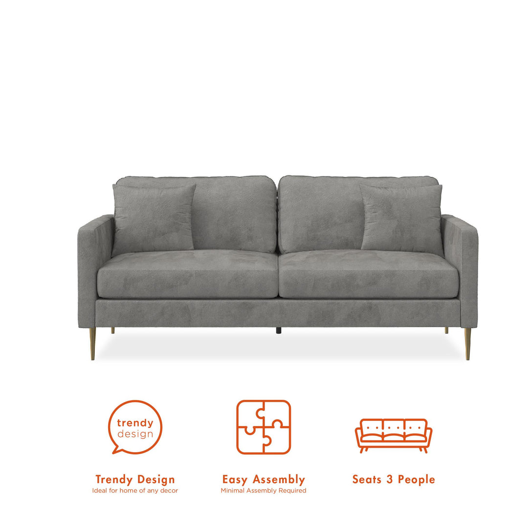 Highland 72 Inch Velvet Sofa with Matching Pillows - Gray