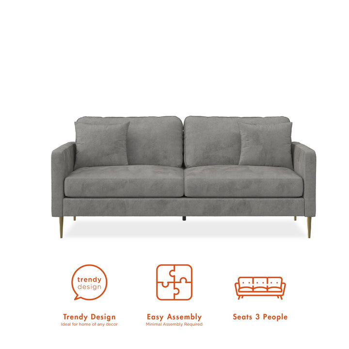 Highland 72 Inch Velvet Sofa with Matching Pillows - Gray