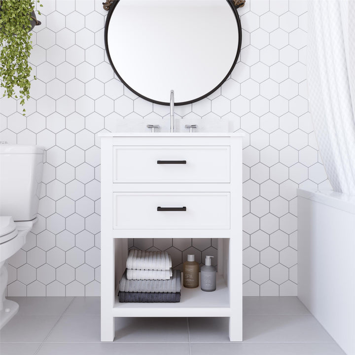 Maine 24 Inch Bathroom Vanity with Carrera Countertop and Rectangular Ceramic Sin - White - 24"