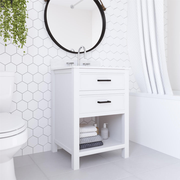 Maine 24 Inch Bathroom Vanity with Carrera Countertop and Rectangular Ceramic Sin - White - 24"