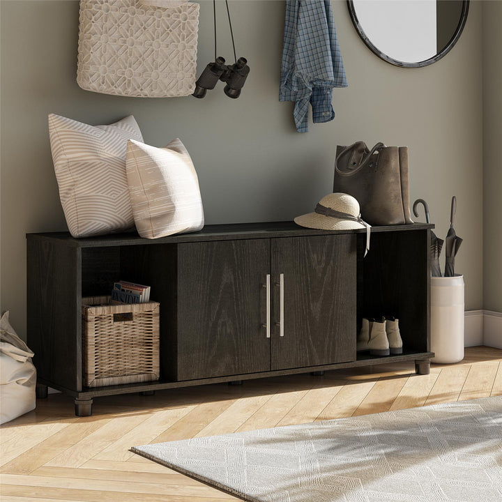 Shoe Storage Bench with 2 Open and 2 Closed Storage Compartments - Black Oak