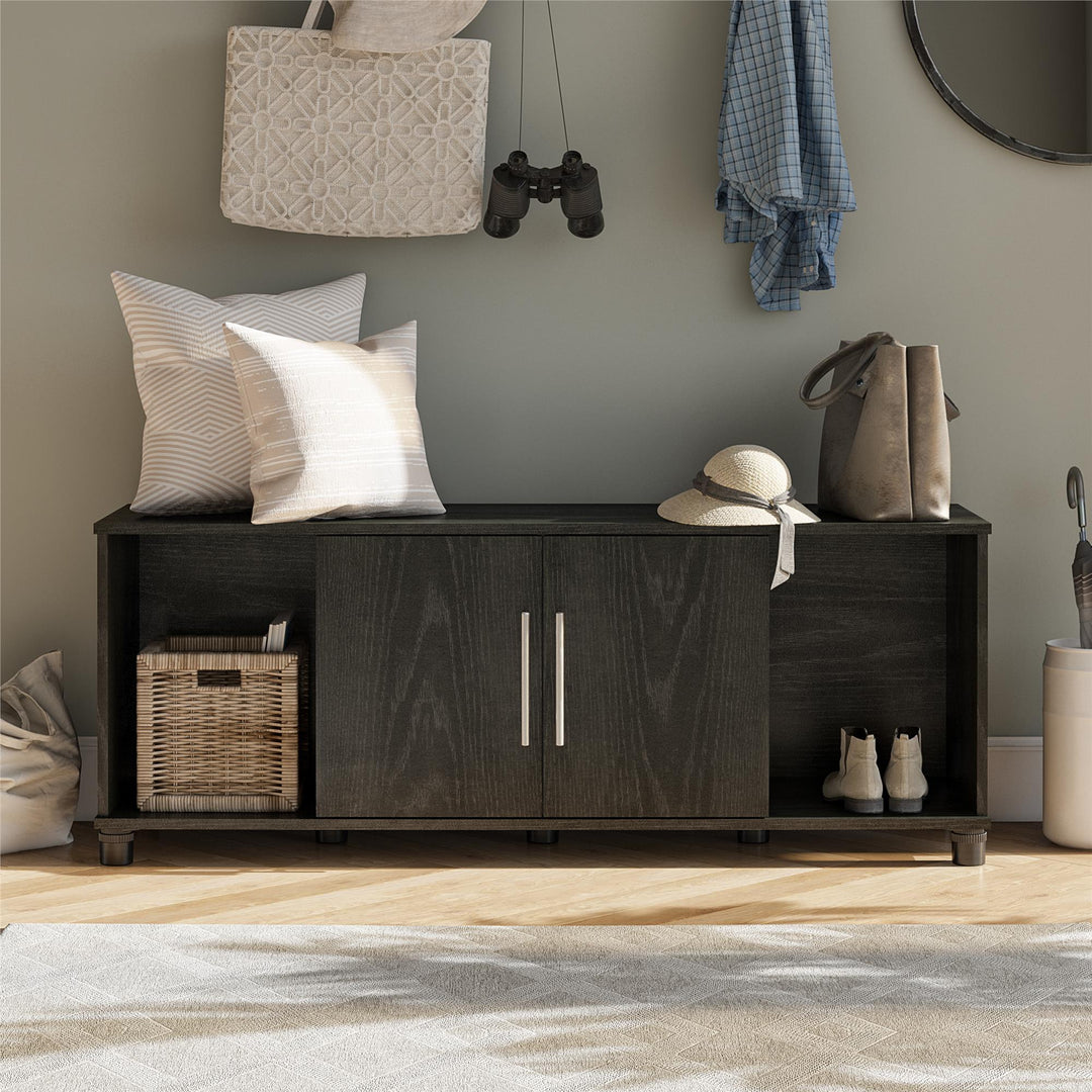 Shoe Storage Bench with 2 Open and 2 Closed Storage Compartments - Black Oak