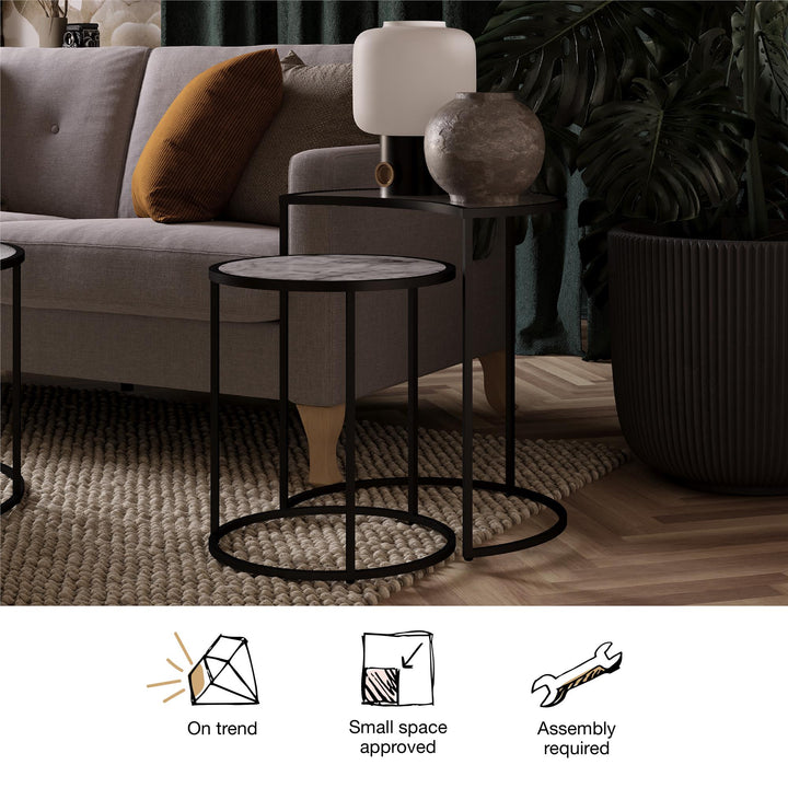 Moon Phases Nesting End Tables with Marble/Glass - White marble