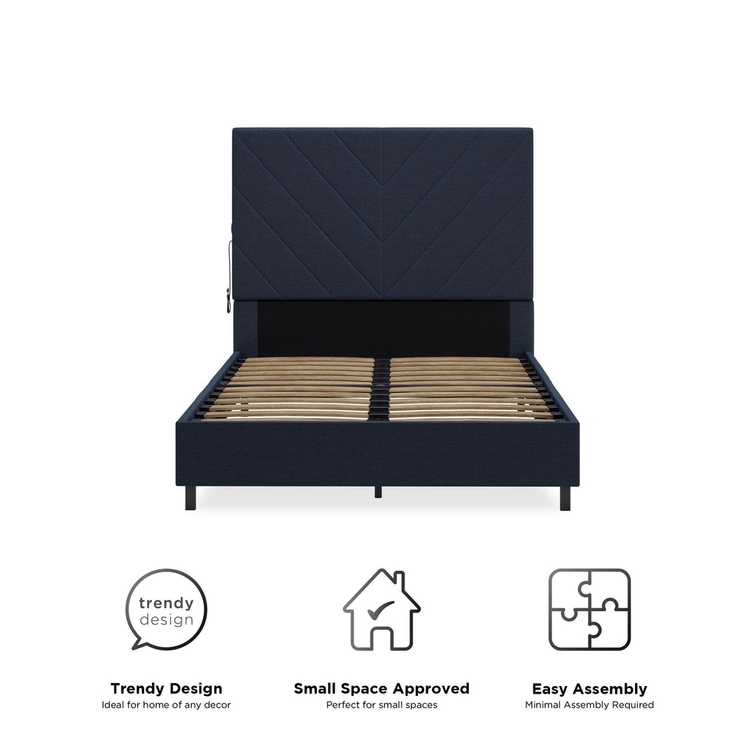 Paxson Upholstered Bed with USB Port and Wood Slats - Navy - Twin