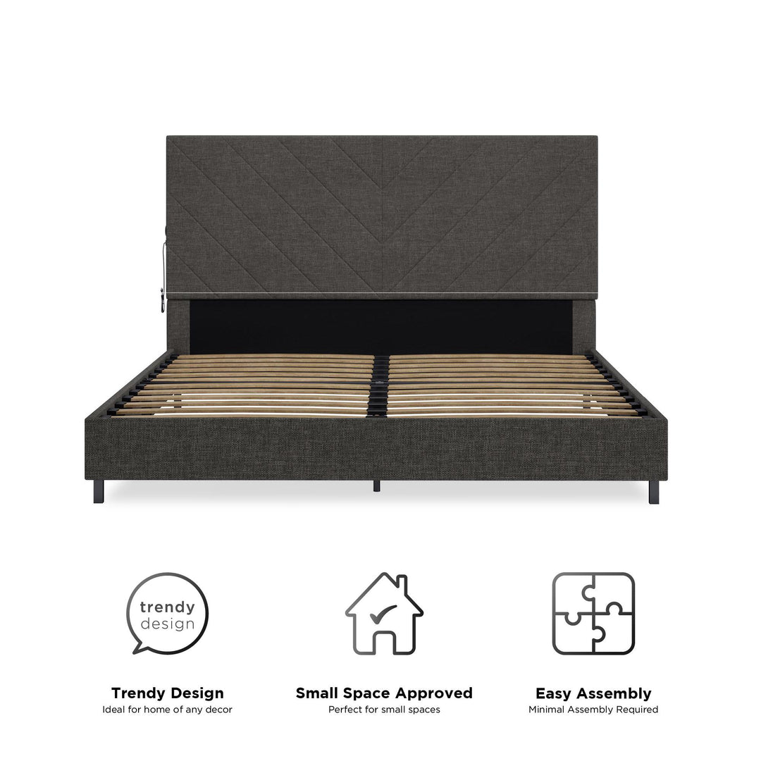 Paxson Upholstered Bed with USB Port and Wood Slats - Gray - Queen
