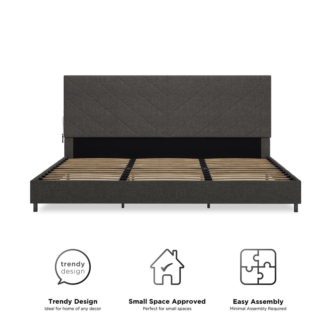 Paxson Upholstered Bed with USB Port and Wood Slats - Gray - King