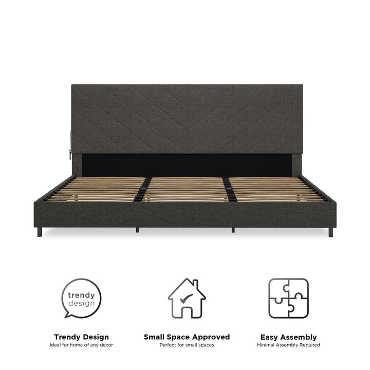 Paxson Upholstered Bed with USB Port and Wood Slats - Gray - King